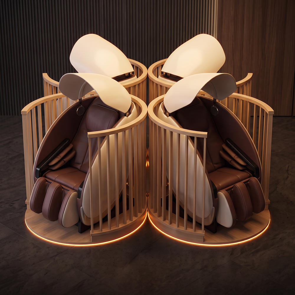 Two brown massage chairs facing each other with lighted circular bases and curved white headrests in a wood-lined room