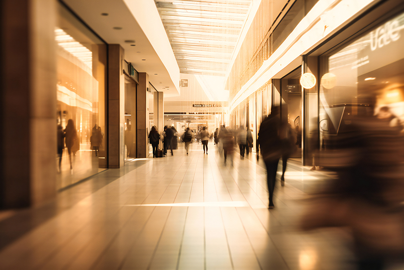People walking through a bright indoor mall corridor with shops and glass storefronts, seen with motion blur.